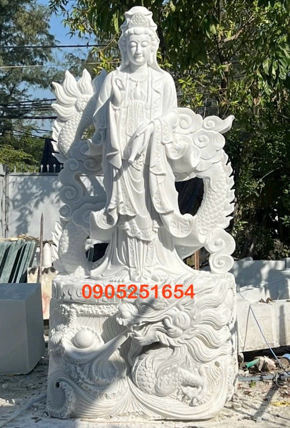 Tượng mẹ quan âm bồ tát đứng rồng đá nguyên khối